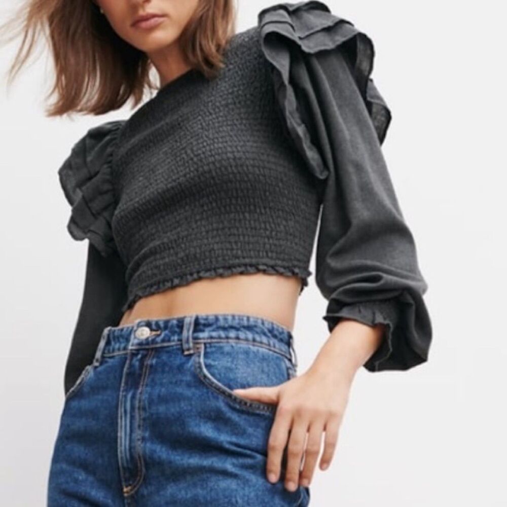 Zara Grey Long Balloon Sleeve Ruffle Smocked Crop Top, Cotton Blend, Sz. XS / S